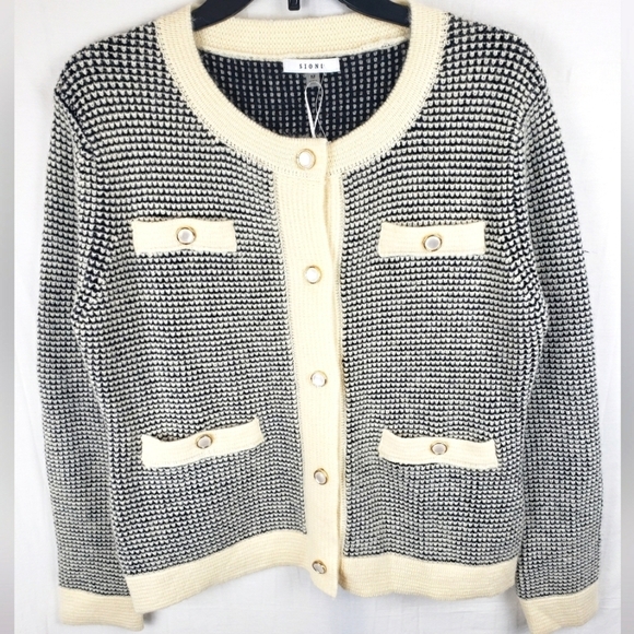 NWOT SIONI Gray and Cream Checked Button Down Cardigan Sweater Sz M - Picture 1 of 8